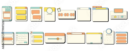 Retro user interface tabs and icons. Computer software screen panels and dialog boxes, retro desktop computer interface with frames.
