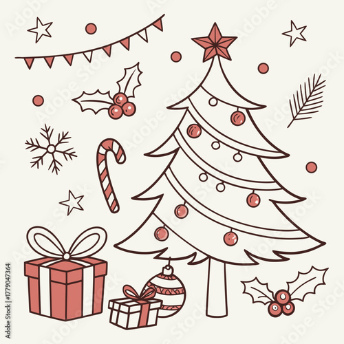 Hand Drawn Vintage Christmas Doodle Elements — Cute Retro Holiday Decorations Vector Illustration
