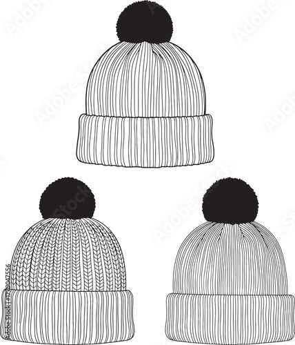 Three winter hats with pom poms silhouette