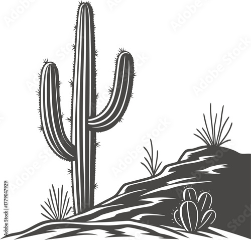 Desert plant illustration of Opuntia cactus with multiple  grey pads and tiny prickles, transparent isolated vector for decoration.