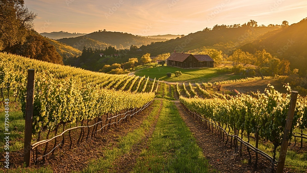 Obraz premium Golden hour light over a Tuscan vineyard with a traditional stone farmhouse nestled in the rolling hills of Italy