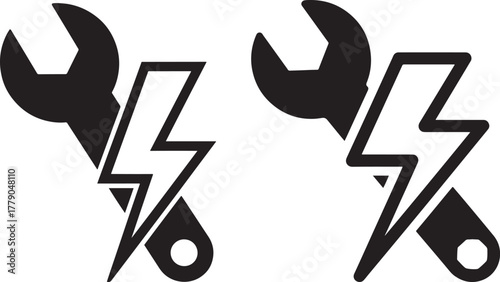 Two wrench and lightning bolt icons silhouette