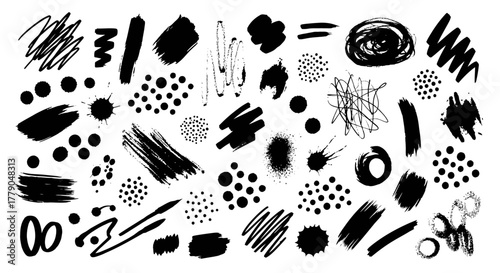 Diverse collection of abstract black ink splatter and brushstrokes on white background