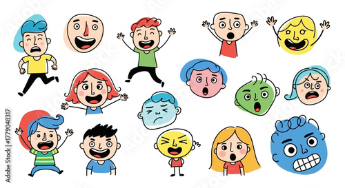 Expressive hand-drawn character illustrations showcasing diverse emotions and gestures set against