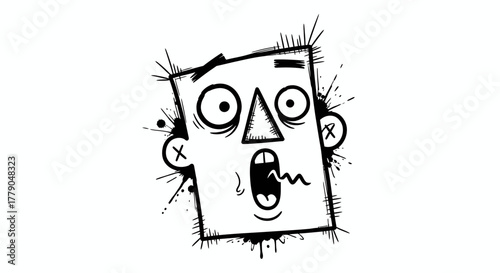 Stylized expressive illustration of a surprised square-faced character with triangle nose