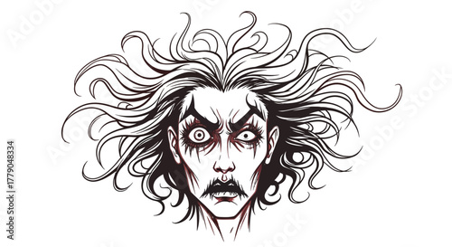 Stylized facial caricature with exaggerated features and wild hair in an expressive black and