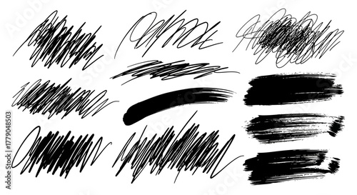 Collection of expressive black ink strokes and scribbles on a white canvas presenting artistic