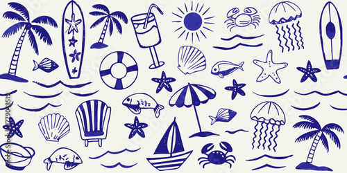 Whimsical blue hand drawn summer beach vacation icons pattern on white background