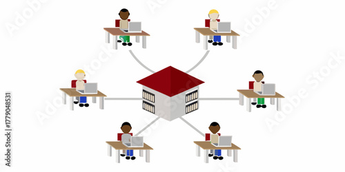 Diverse group of people working remotely connected to a central office building via laptops