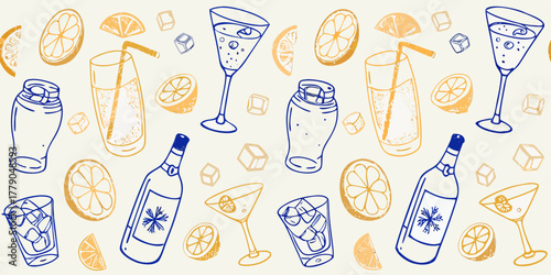 Hand drawn seamless pattern of refreshing summer drinks and citrus fruits with ice cubes