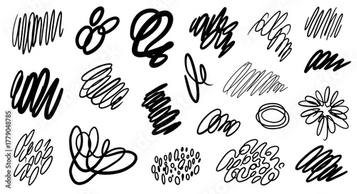 Collection of varied hand-drawn scribbles and doodles ideal for adding texture or artistic flair