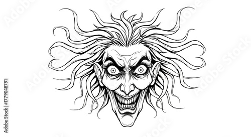 Terrifying grin on a stylized villainous face with maniacal eyes in black and white