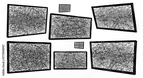 A composition of chaotic scribbles within geometric forms creates an abstract visual narrative