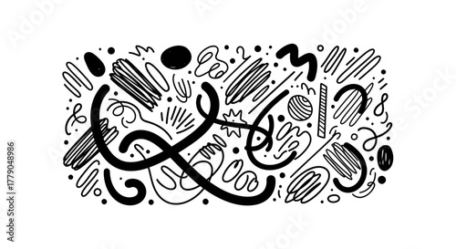 Whimsical Doodle Assortment: An expressive monochrome design with scattered scribbles and fluid