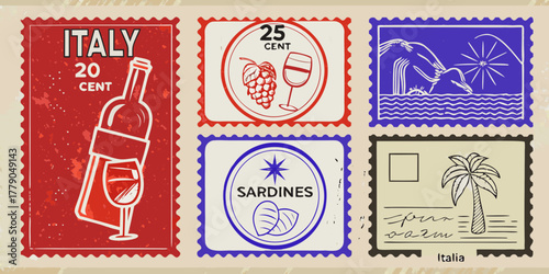 Collection of vintage italian postage stamps featuring wine sardines a palm tree and a coastal scene