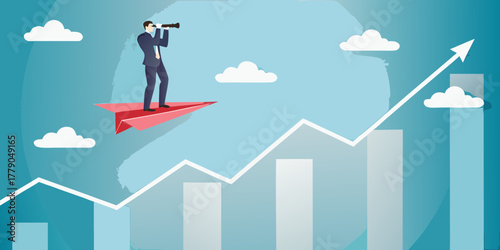 Businessman on a paper airplane looking through a telescope with a rising graph and clouds symbolizing success and future growth