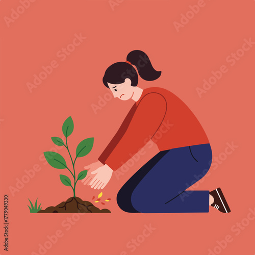 A person kneels, planting a young tree in soil on an orange-red background, concerned