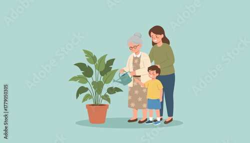 Grandmother mother and child water a houseplant Family care and generations concept