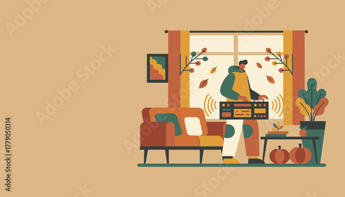 Man enjoying music from a retro boombox in a cozy autumn room Vector illustration