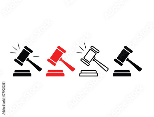 Silhouette and outline icons of a judge's gavel and sound block, judge's gavel set.