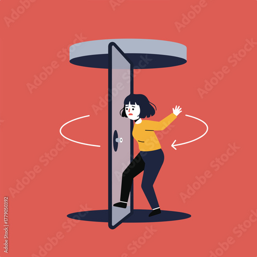 A woman struggles with a revolving door against a red background. Arrows indicate movement