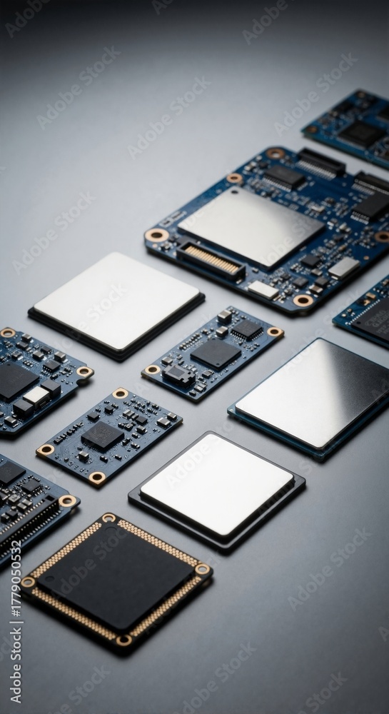 Fototapeta premium Electronic components and computer hardware parts precisely laid out. Vertical close-up of microchips, processors, and printed circuit boards for modern gadgets.
