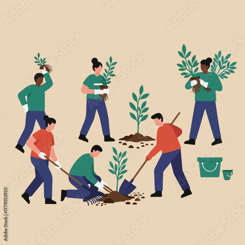 Diverse group of people planting trees in a collaborative effort, tools and buckets are visible
