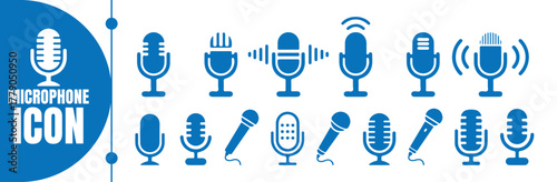 Blue Microphone Icons with Sound Waves - Audio Recording Set. vector Illustration eps 10