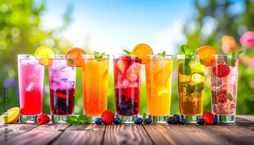 A vibrant array of refreshing fruit-infused beverages, perfect for a sunny day, beautifully arranged.