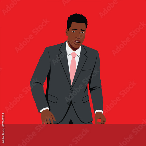 Illustration of a Black man in a suit with a pink tie, appearing concerned against a red backdrop