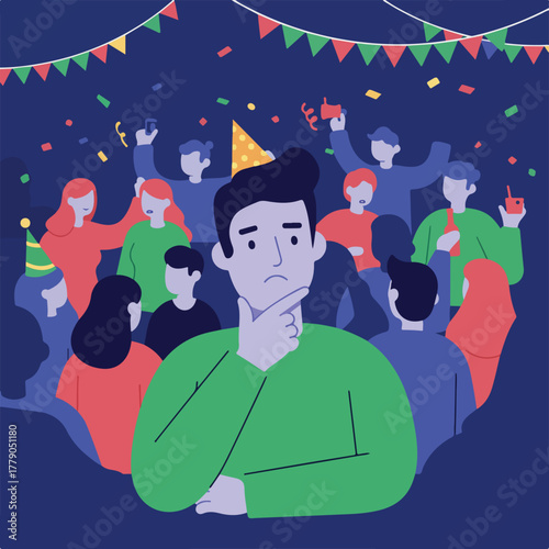 A crowd celebrates under banners & confetti, but a person in front looks confused and thoughtful