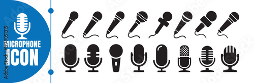 Solid Black Microphone Icons - Audio Recording & Broadcast Symbols. Vector Illustration eps  10