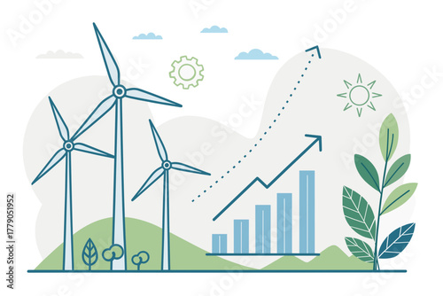 Minimalist illustration of wind turbines and growth graph in nature  