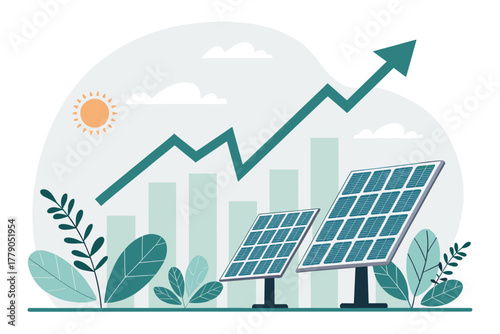 Solar panels with growth chart against green background and sun  