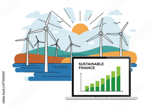 Laptop displaying sustainable finance graph with wind farm background  