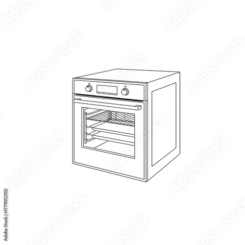 Line art illustration of a kitchen oven with multiple racks  