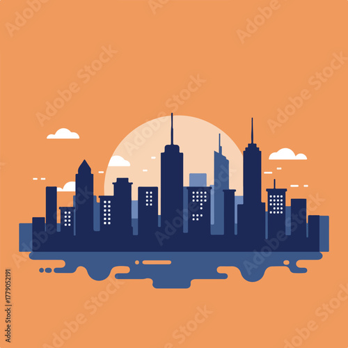 A flat illustration of a city skyline at sunset. Skyscrapers stand silhouetted against an orange background, with stylized clouds
