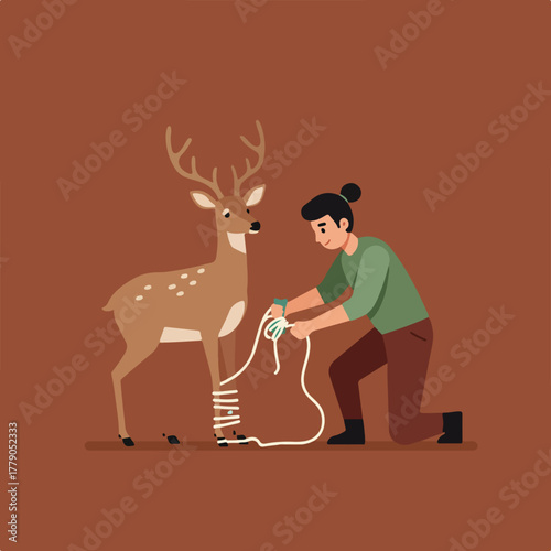 A person kneels, wrapping a deer's injured leg with a bandage, aiding the animal in a brown background