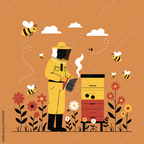 A beekeeper in a yellow suit tends to a bee hive, surrounded by bees and flowers, orange background