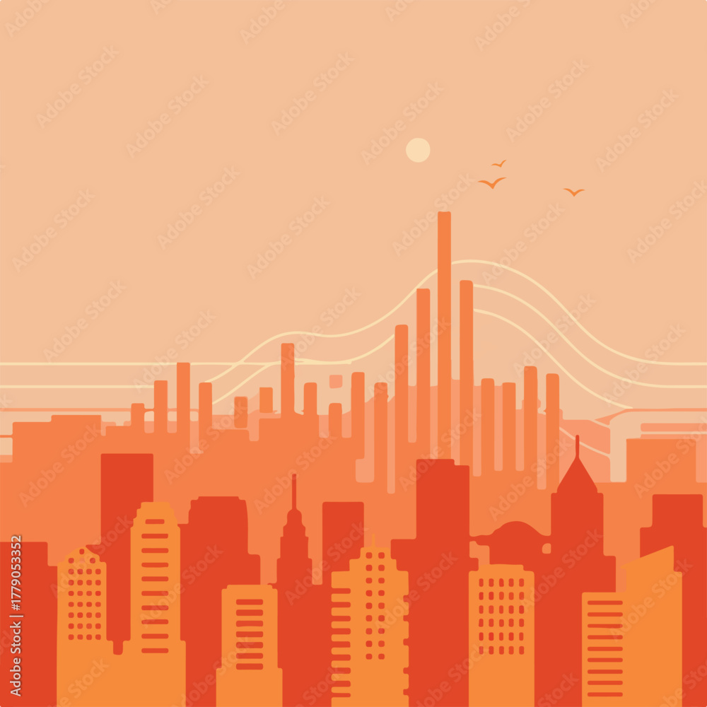 Fototapeta premium Flat, simplified illustration of a cityscape at dusk. Silhouettes of buildings and flying birds in a warm color palette