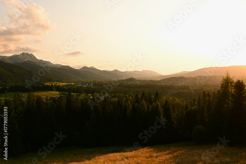 Beautiful sunset over Zakopane, Poland. Scenic view from Cyrhla village, summer evening