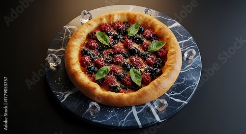 Delicious homemade pizza with olives and basil on a marble plate, food photography