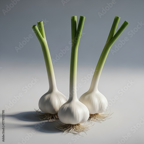 Fresh garlic bulbs with green stems culinary ingredient cooking herb healthy food