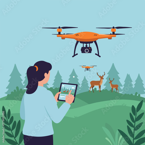 A woman uses a tablet to view deer captured by drones, with two drones in the air and a wooded background