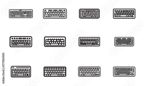 A collection of multiple different Keyboard Designs in minimalist black outline