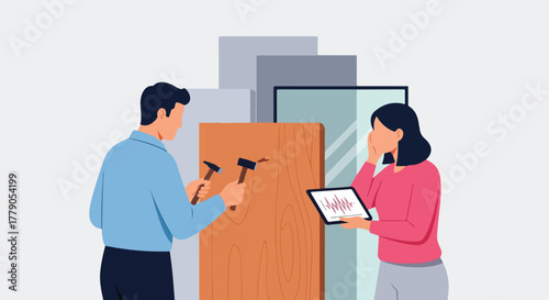 People examine wood. One hammers, the other checks a tablet