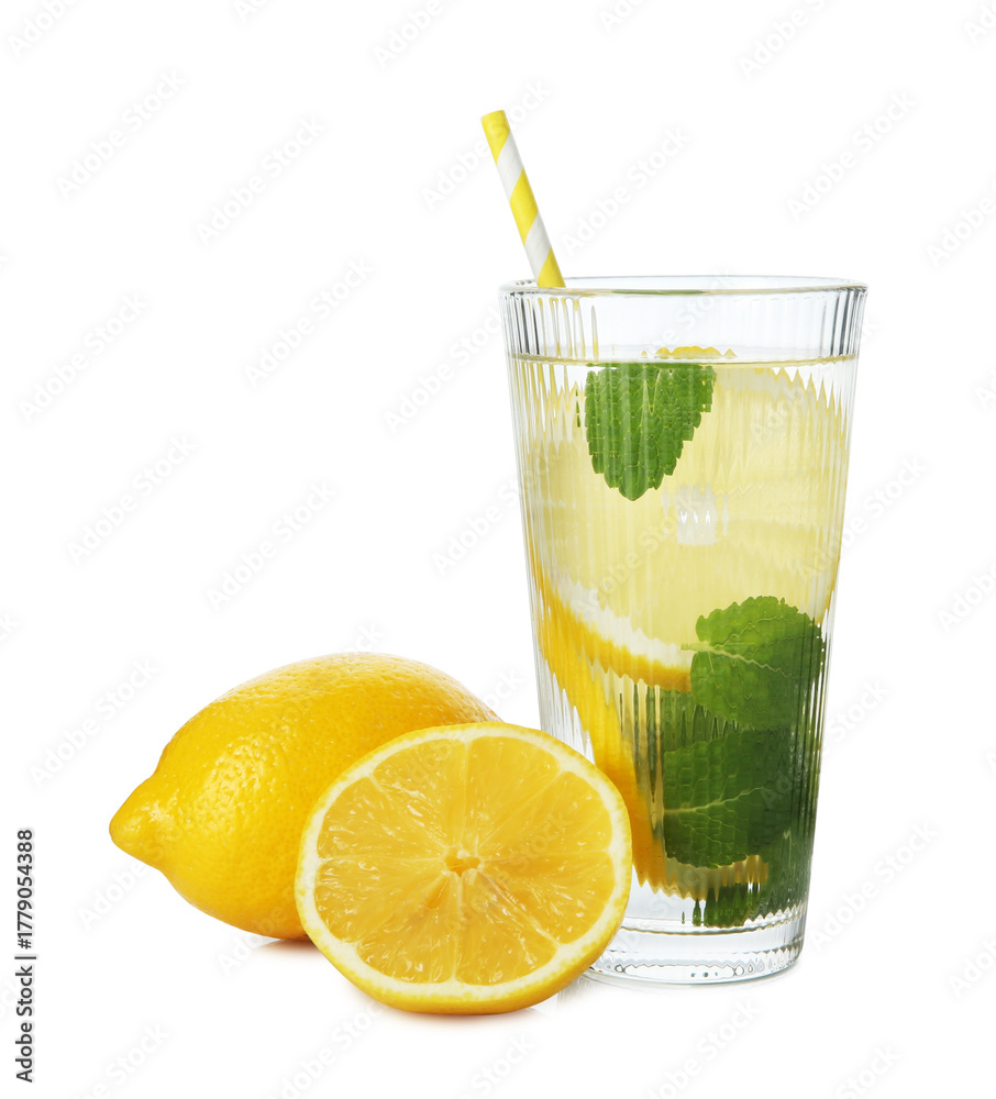 Fototapeta premium Refreshing water with lemons and mint isolated on white