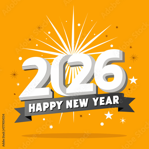 Happy New Year 2026 Modern Silver White Typography with Sparkles and Fireworks on Orange Yellow Background