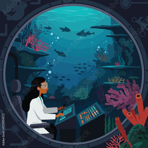 A person in a submersible explores a vibrant coral reef, viewing through a circular window