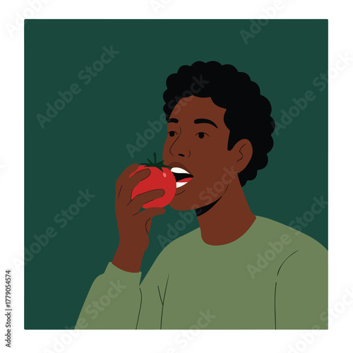 Illustration of a Black person biting into a red tomato on a green background